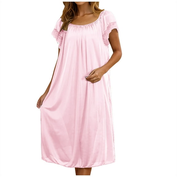 Women's Pleated Nightgown Casual Loose Sleepwear Nightshirt Short Sleeve Soft Sleep Dress Loungewear