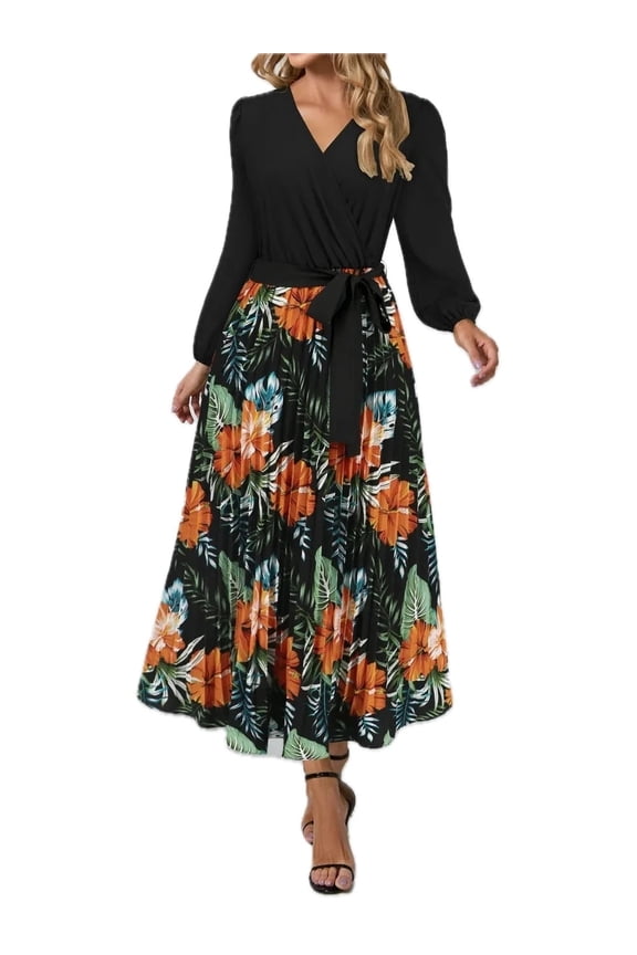 Women's Pleated Printed Surplice Long Sleeve Dress 100% Polyester Flowing Silhouette for Day to Night Wear Style