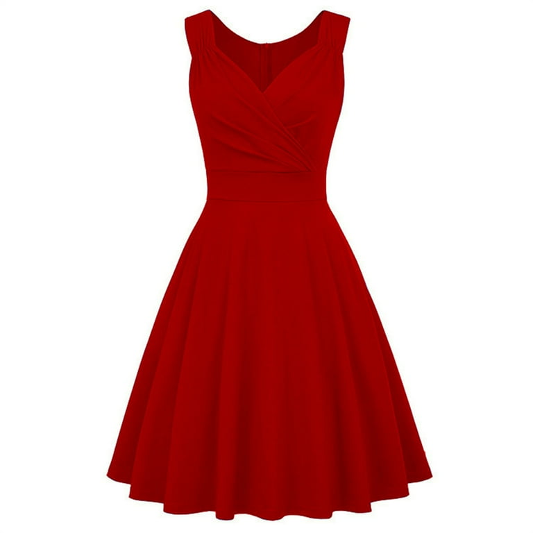 Women’s Pleated Retro Cocktail Dress Rockabilly Swing Dres(Red,M 