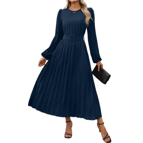 Women's Pleated Round Neck Long Sleeve Belted Dress in Silhouette 100% Polyester for Everyday Wear Elegant Comfortable
