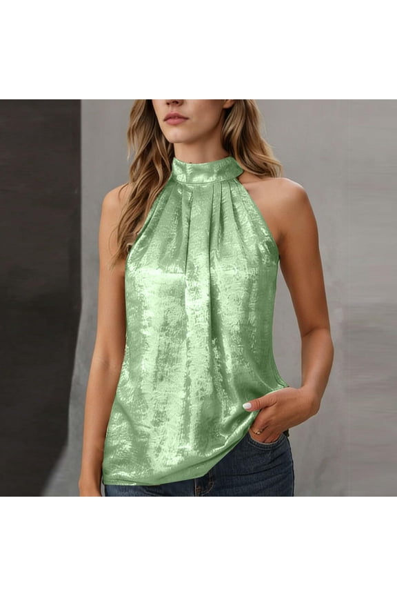 Women's Pleated Satin Tank, Turtleneck Sleeveless Party Vest, Glamorous Statement Top for Clubs, Concerts or New Year Parties,Green - M