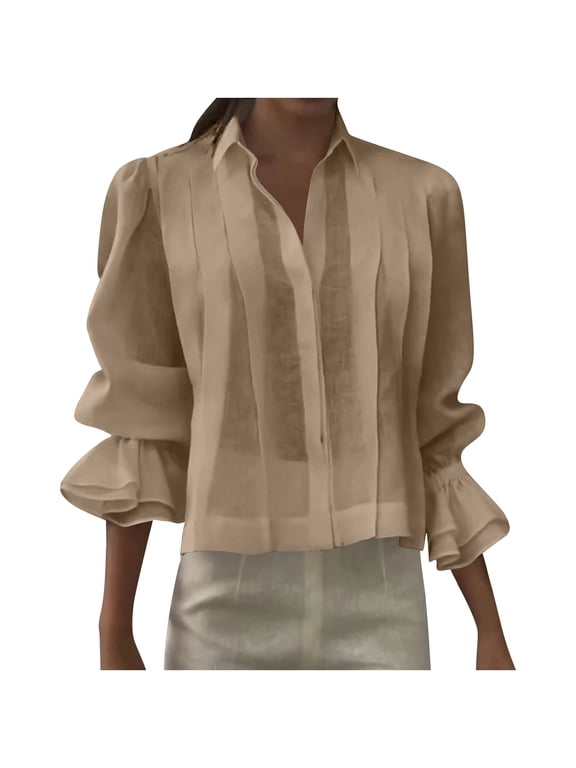 Women's Pleated Shirts Bell Sleeve Cropped Blouse Vintage Long Sleeve Button Down Shirt Cotton Tops for Spring Summer Khaki S