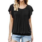 Women's Pleated Short Sleeve Shirts Summer Flowy Round Neck Banded Bottom Blouses Loose Fit Boho Beach Travel Tops Black