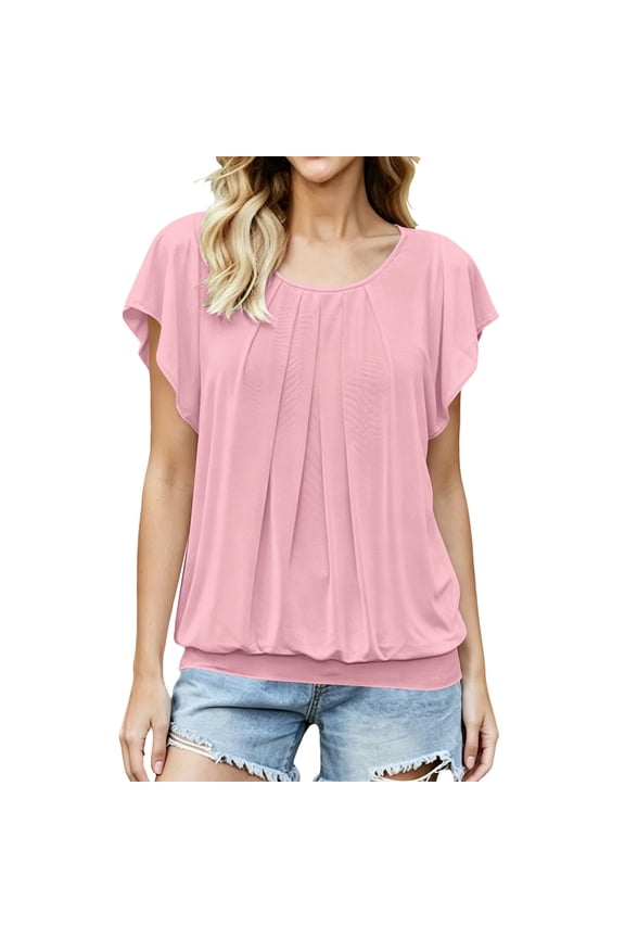 Women's Pleated Short Sleeve Shirts Summer Flowy Round Neck Banded Bottom Blouses Loose Fit Boho Beach Travel Tops Pink