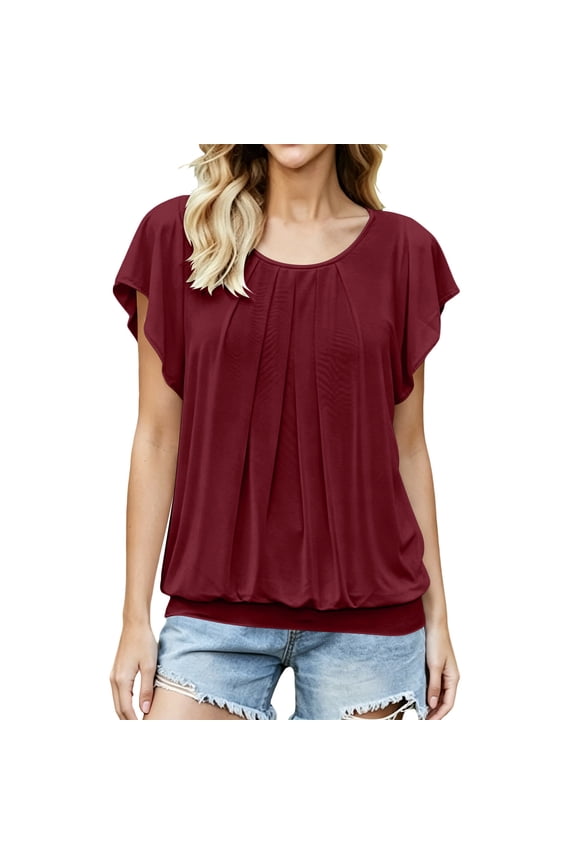Women's Pleated Short Sleeve Shirts Summer Flowy Round Neck Banded Bottom Blouses Loose Fit Boho Beach Travel Tops Wine