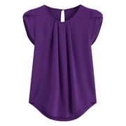 Women's Pleated Shrug Short Sleeve Crewneck Chiffon Tops Solid Color Summer Casual Babydoll Cute T Shirt Purple,XS