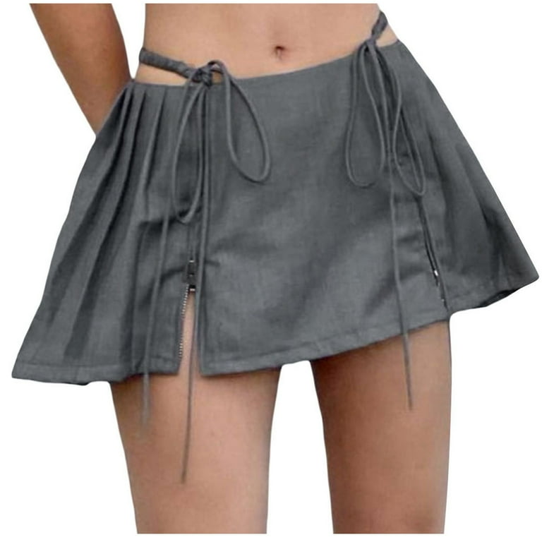 Women s Pleated Skater Skirt Basic Casual High Waisted Drawstring Ruffles Flared Mini Skirts Short Skirts Gray M Walmart