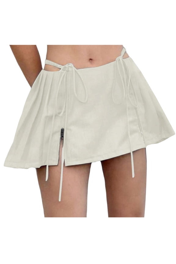 Women's Pleated Skater Skirt Basic Casual High Waisted Drawstring Ruffles Flared Mini Skirts Short Skirts Khaki,L