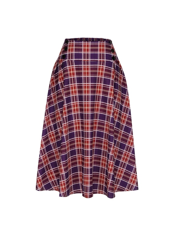 Women's Pleated Skirt Elastic High Waist A-Line Flowy Vintage Plaid Long Skirt Purple S