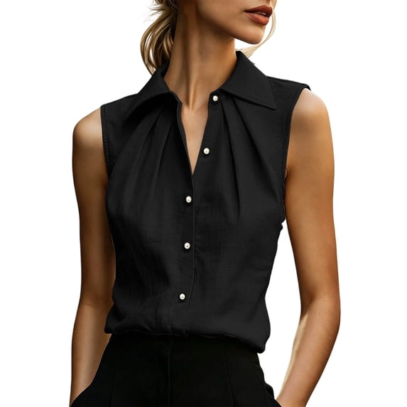 Women's Pleated Sleeveless Collared Shirt, Button-Up Blouse, Elegant V-Neck Top for Work Black L(L)