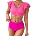 thumbnail image 1 of Women's Pleated Slim Fit V-Neck Color Block Ruffled Two-Piece Swimsuit Hot Pink M, 1 of 8