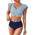thumbnail image 1 of Women's Pleated Slim Fit V-Neck Color Block Ruffled Two-Piece Swimsuit Sky Blue M, 1 of 8