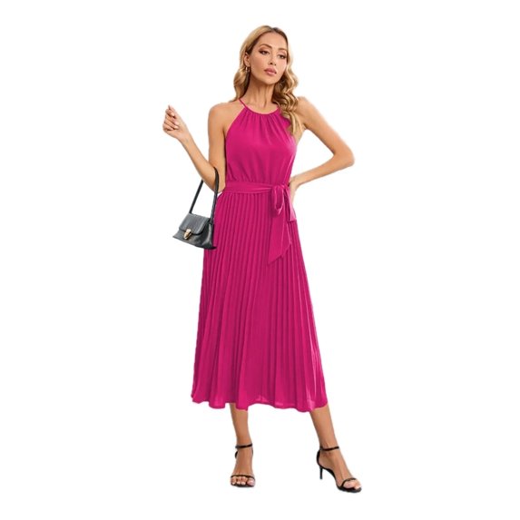 Women's Pleated Spaghetti Strap Tie Waist Midi Dress 95% Polyester 5% Spandex Lightweight Sheer Finish for any occasion