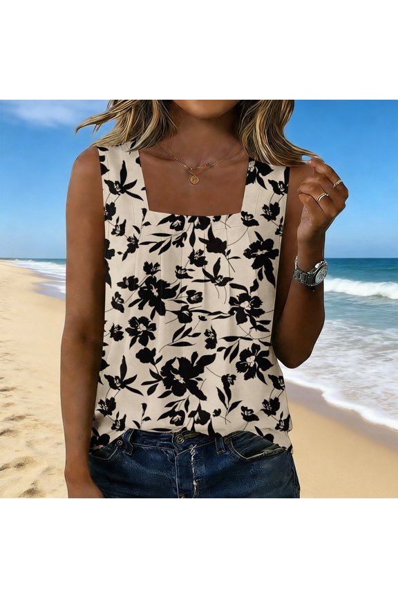 Women's Pleated Square Neck Sleeveless Top - Floral Print Casual Blouse Beige 2XL