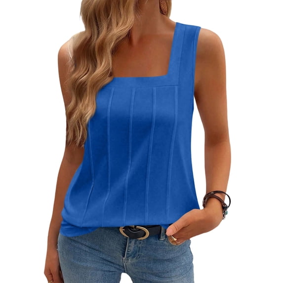 Women's Pleated Square Neck Summer Tops Going Out Sleeveless Casual Basic Tank Tops, Blue 2XL
