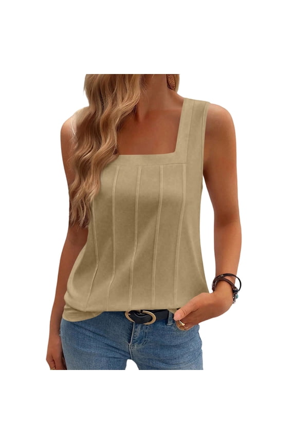Women's Pleated Square Neck Summer Tops Going Out Sleeveless Casual Basic Tank Tops, Camel S