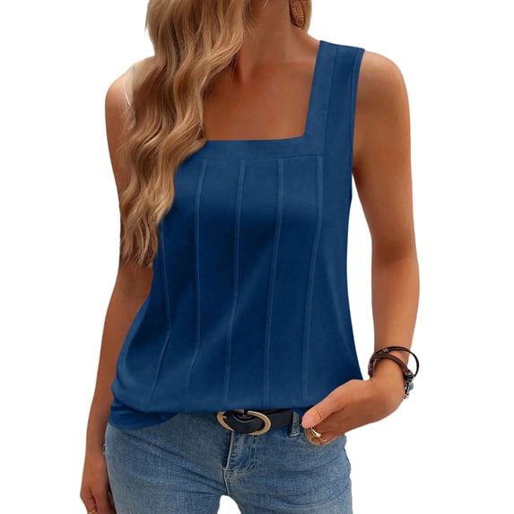 Women's Pleated Square Neck Summer Tops Going Out Sleeveless Casual Basic Tank Tops, Dark Blue L