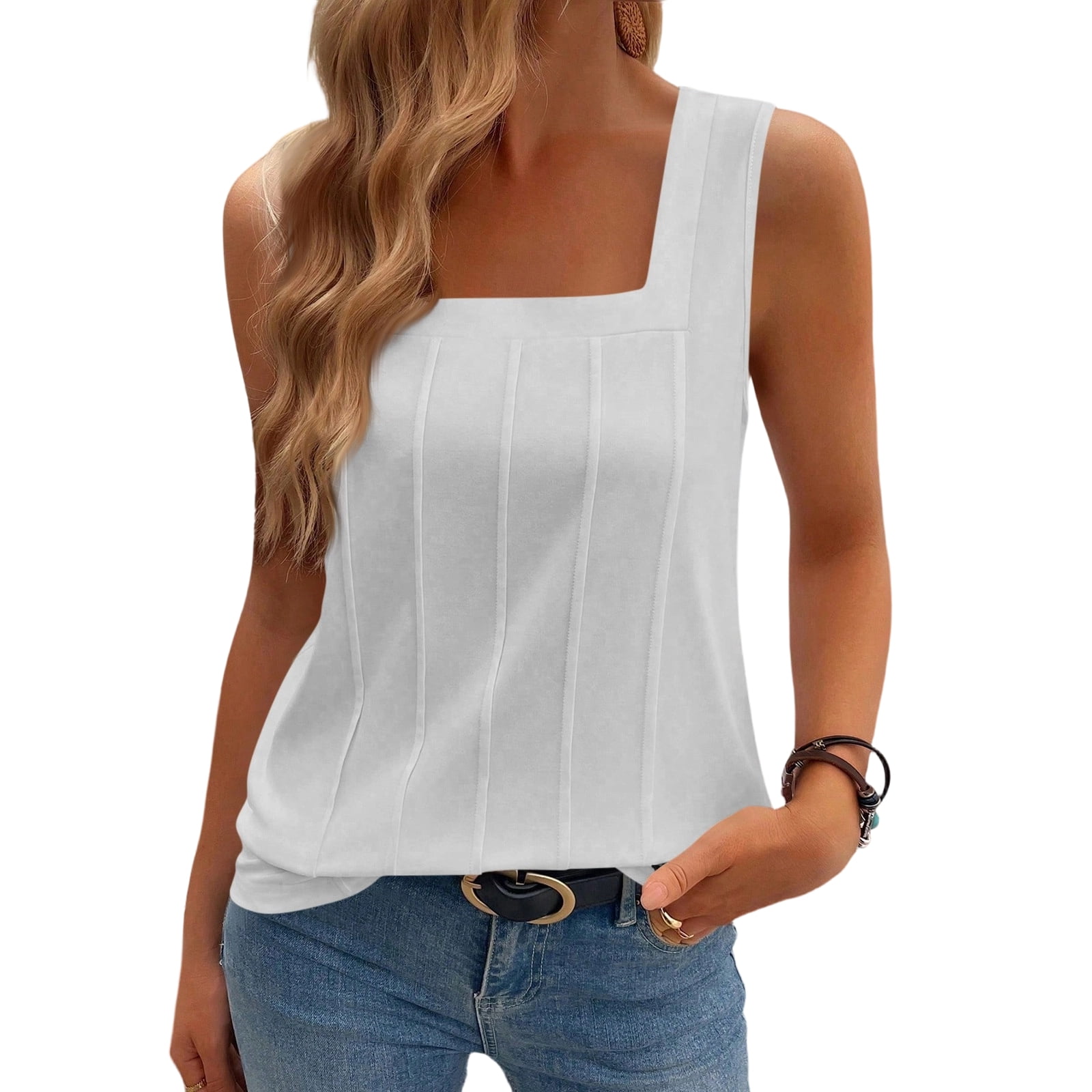 トップス SQUARE NECK LADY LIKE PLEATS TOP Women's Pleated Square Neck Summer Tops Going Out Sleeveless