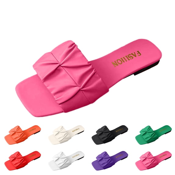 Women's Pleated Square Toe Slide Sandals, Trendy Flat Sandals with Open Toe, Lightweight Summer Shoes for Wedding, Beach & Daily Wear 41