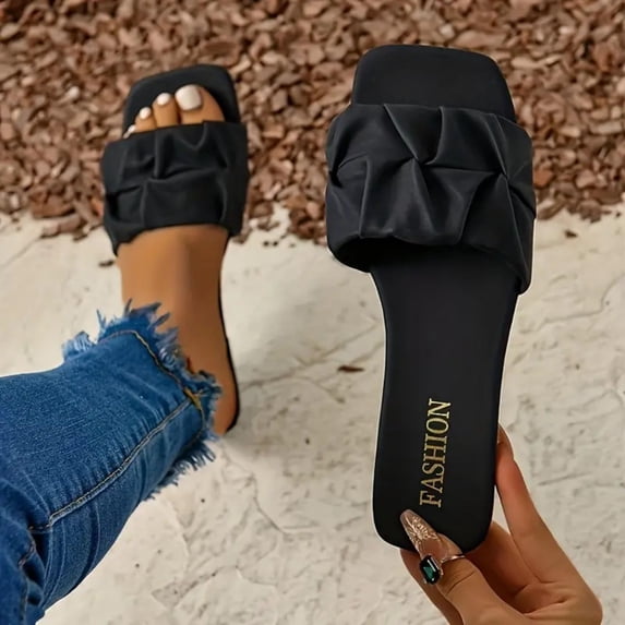 Women's Pleated Square Toe Slide Sandals, Trendy Wedding & Summer Flat Sandals