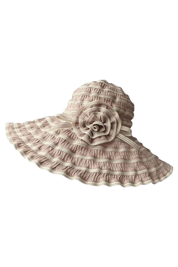 Women's Pleated Striped Wide Brim Floppy Sun Hat With 3D Design