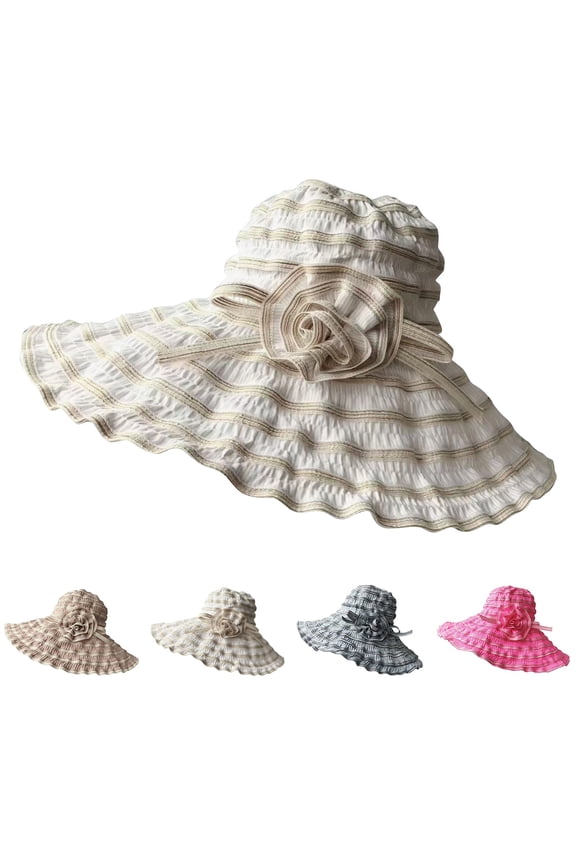 Women's Pleated Striped Wide Brim Floppy Sun Hat with 3D Decoration