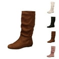 thumbnail image 1 of Women's Pleated Suede Knee Boots, Solid Color Flat Mid Calf Boots, British Style Fashionable Winter Footwear, 1 of 8