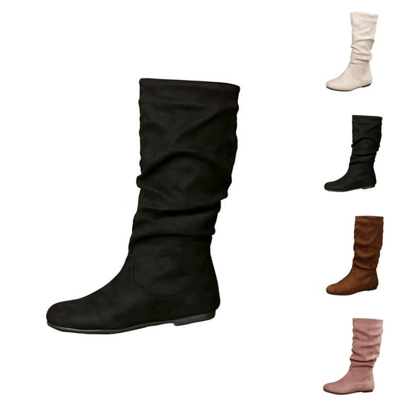 Women's Pleated Suede Knee Boots, Solid Color Flat Mid Calf Boots, British Style Fashionable Winter Footwear