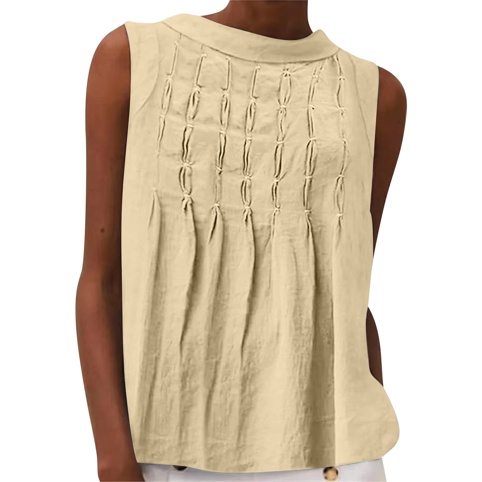 Women's Pleated Tank, Cotton Linen Solid Tops, Crew Neck Sleeveless Loose T-Shirt Blouse Ladies Tank Tops Beige XL
