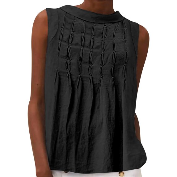 Women's Pleated Tank, Cotton Linen Solid Tops, Crew Neck Sleeveless Loose T-Shirt Blouse Womens Summer Tank Tops Black XL