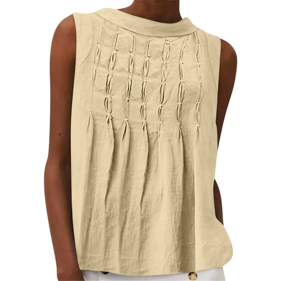 Women's Pleated Tank, Cotton Linen Solid Tops, Crew Neck Sleeveless Loose T-Shirt Blouse Workout Tank Tops for Women Beige XXL