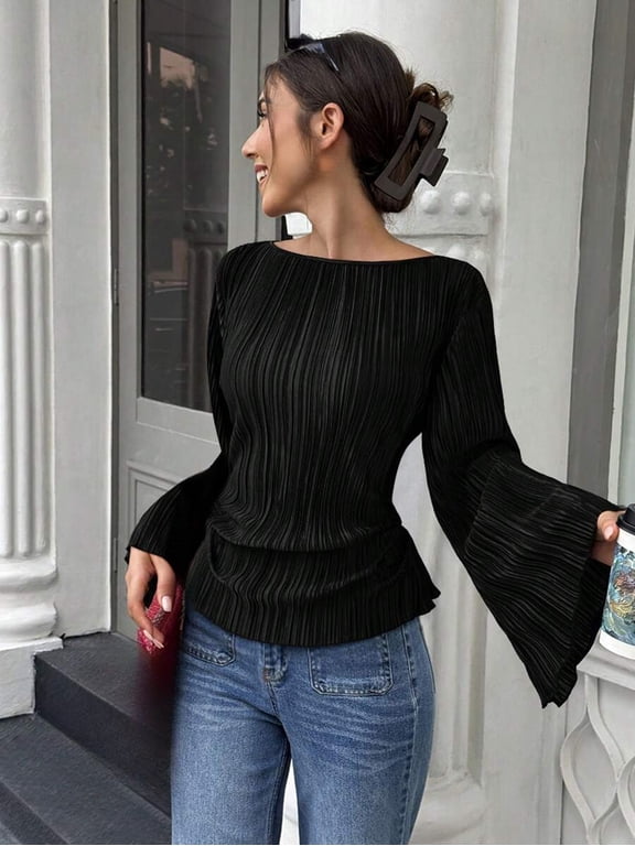 Women's Pleated Top Bell Sleeve Long Sleeve Fitted Waist Blouse Minimalist Elegant for Office Commute & Smart Casual Occasions