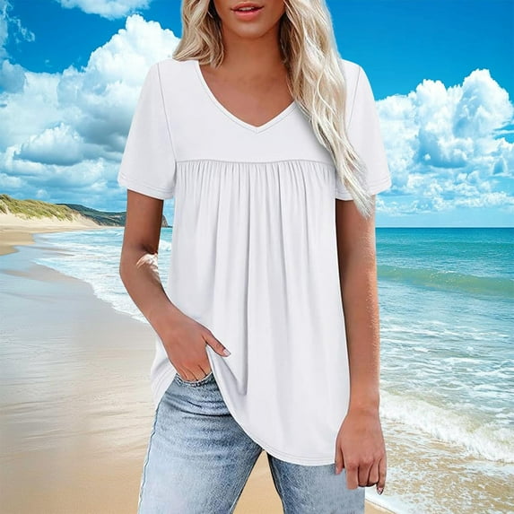 Women's Pleated Top, V-Neck Short Sleeve Blouse, Casual Solid Color Pullover Shirt for Everyday Wear