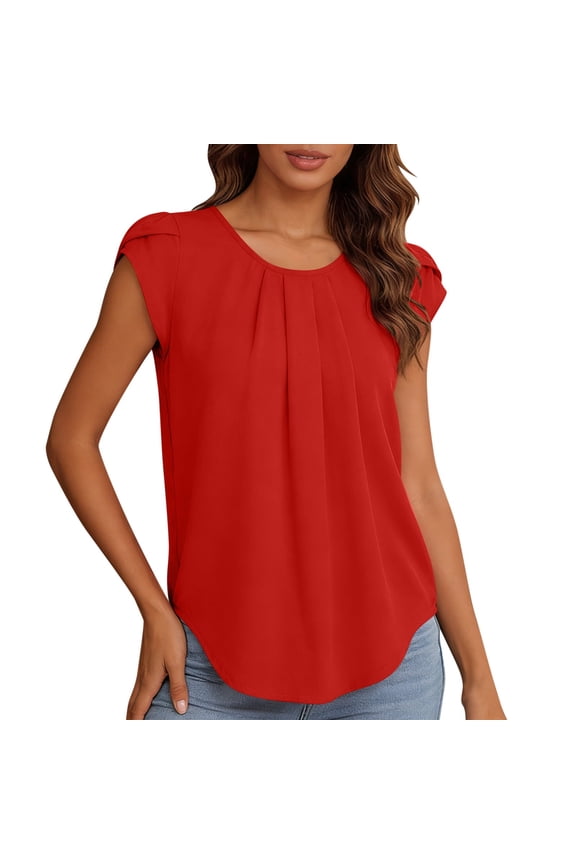 Women's Pleated Tops Cap Sleeve Curved Keyhole Back Casual Round Neck Basic Chiffon Blouse