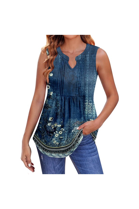 Women's Pleated V-Neck Floral Print Tank Top, Breezy Tunic Shirt for Beach Vacations or Summer Markets,Dark Blue 2XL