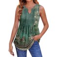 thumbnail image 1 of Women's Pleated V-Neck Floral Print Tank Top, Breezy Tunic Shirt for Beach Vacations or Summer Markets,Dark Green S, 1 of 5
