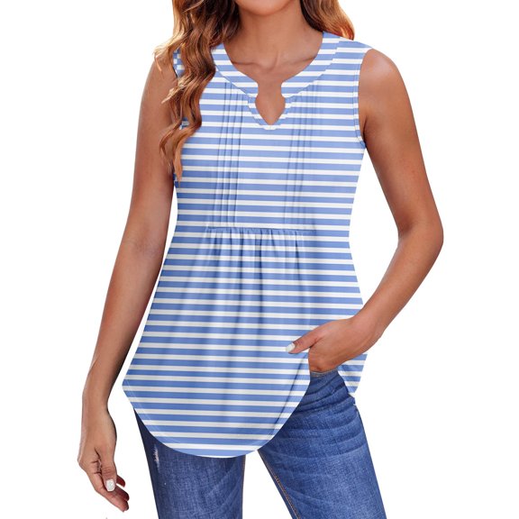 Women's Pleated V-Neck Floral Print Tank Top, Breezy Tunic Shirt for Beach Vacations or Summer Markets,Sky Blue M