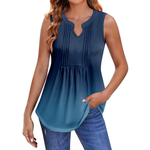 Women's Pleated V-Neck Gradient Print Tank Top, Loose Fit Tunic Shirt for Summer Casual or Music Festivals,Dark Blue S