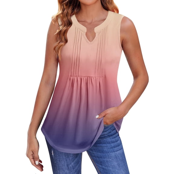Women's Pleated V-Neck Gradient Print Tank Top, Loose Fit Tunic Shirt for Summer Casual or Music Festivals,Light Purple XL