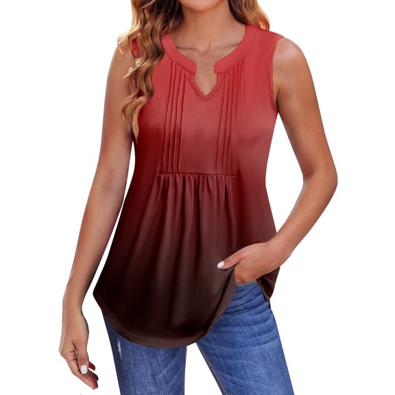 Women's Pleated V-Neck Gradient Print Tank Top, Loose Fit Tunic Shirt for Summer Casual or Music Festivals,Wine S