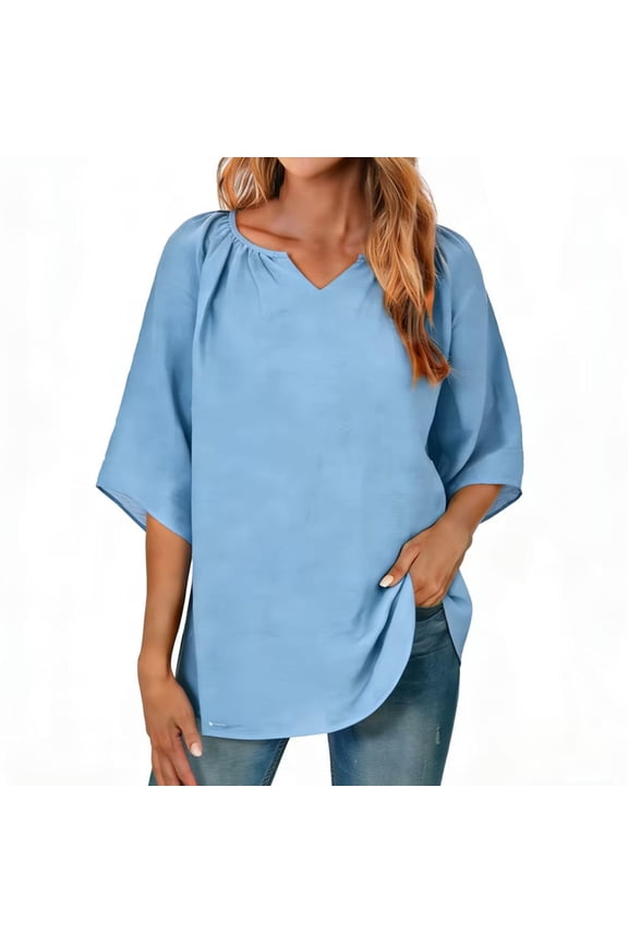 Women's Pleated V Neck Half Sleeve Summer Tops Causal Linen Tunic Shirts Elegant Business Casual Dressy Blouses