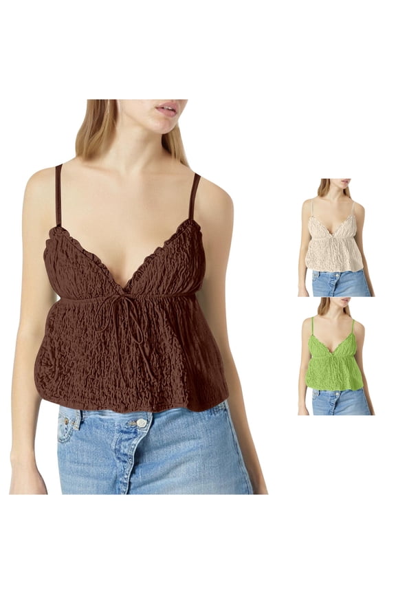Women's Pleated V Neck Sleeveless Tank Top French Style Elegant Blouse For Casual Wear, S, Brown