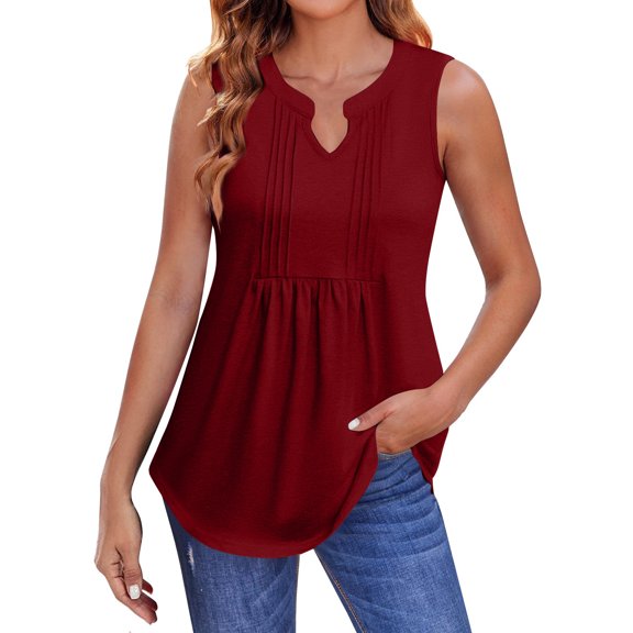 Women's Pleated V-Neck Solid Color Print Tank Top, Loose Fit Tunic Shirt for Summer Casual or Vacation Style,Wine XL
