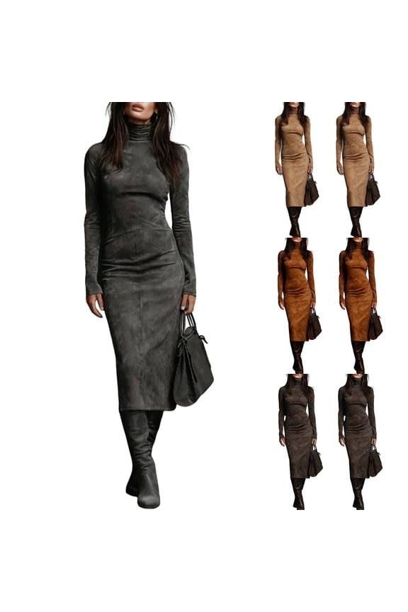 Women's Pleated Velvet Super Long Dress Long Sleeve High Neck Tight Long Dress Fashion Solid Color for Winter Elegance and Formal Events,Dark Gray,XL