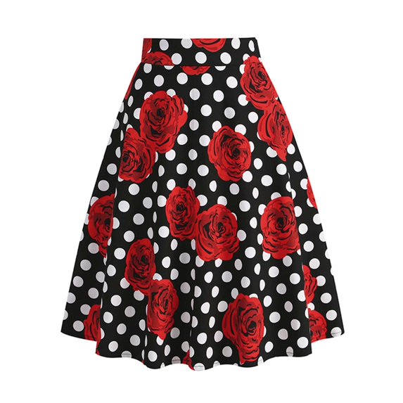 Women's Pleated Vintage Skirt Floral Print A-line Midi Skirts with Pockets