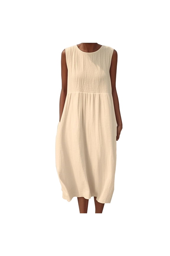 Women's Pleated Waist Cotton Linen Blend Sleeveless Midi Dress Crew Neck Pockets Dress Casual Loose Garment for Summer Beach Vacation