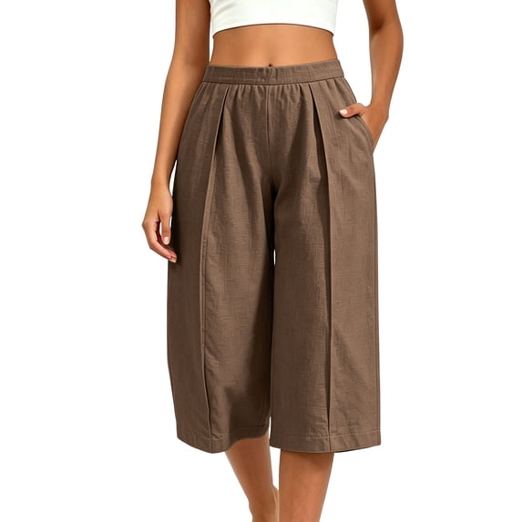 Women's Pleated Wide Leg Capri Culotte Pants Elastic High Waist Textured Lightweight Wrinkle Resistant Casual Fit Brown M