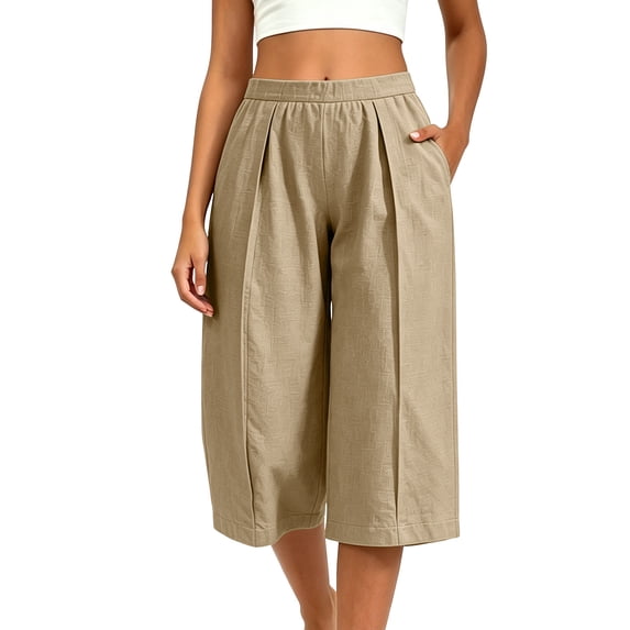 Women's Pleated Wide Leg Capri Culotte Pants Elastic High Waist Textured Lightweight Wrinkle Resistant Casual Fit Khaki XXL