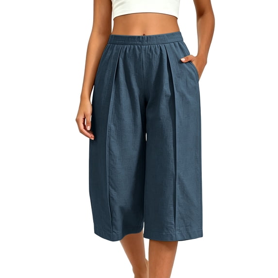 Women's Pleated Wide Leg Capri Culotte Pants Elastic High Waist Textured Lightweight Wrinkle Resistant Casual Fit Navy XXL