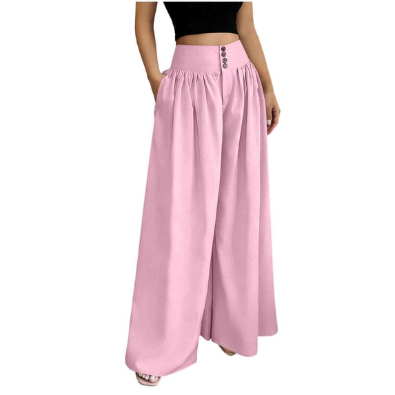 Women's Pleated Wide Leg Linen Palazzo Pants, Loose Summer High Waisted Chic Business Casual Trousers with Pockets
